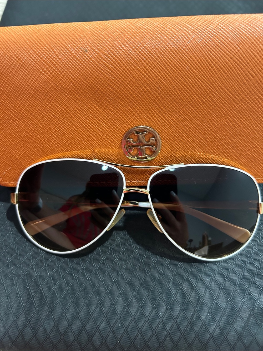 Tory Burch Gold Frame Aviator Sunglasses with Brown Lenses and Orange Case